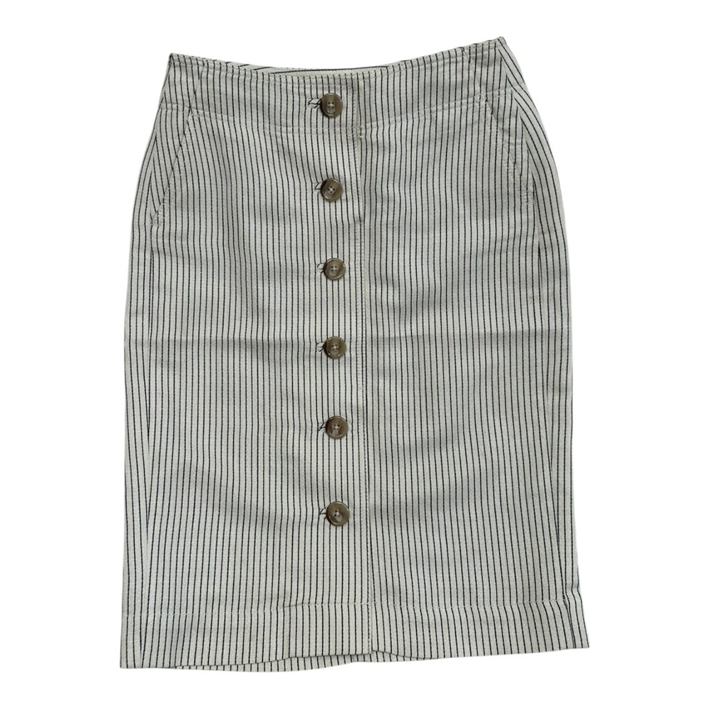 Forth & Towne Off White Ivory Pin Striped Linen Pencil Skirt Button Front Size 2